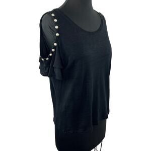 Generation Love Black Linen Knit Short Flutter Sleeve Cold Shoulder Beaded Top M